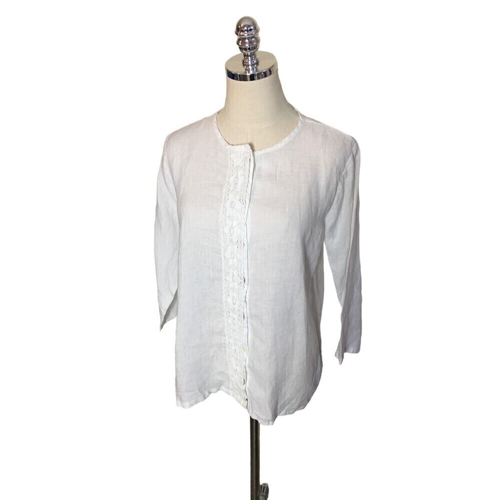 Russ Berens Size Extra Small Top White Long Sleeve Lagenlook Linen Lace Trim XS